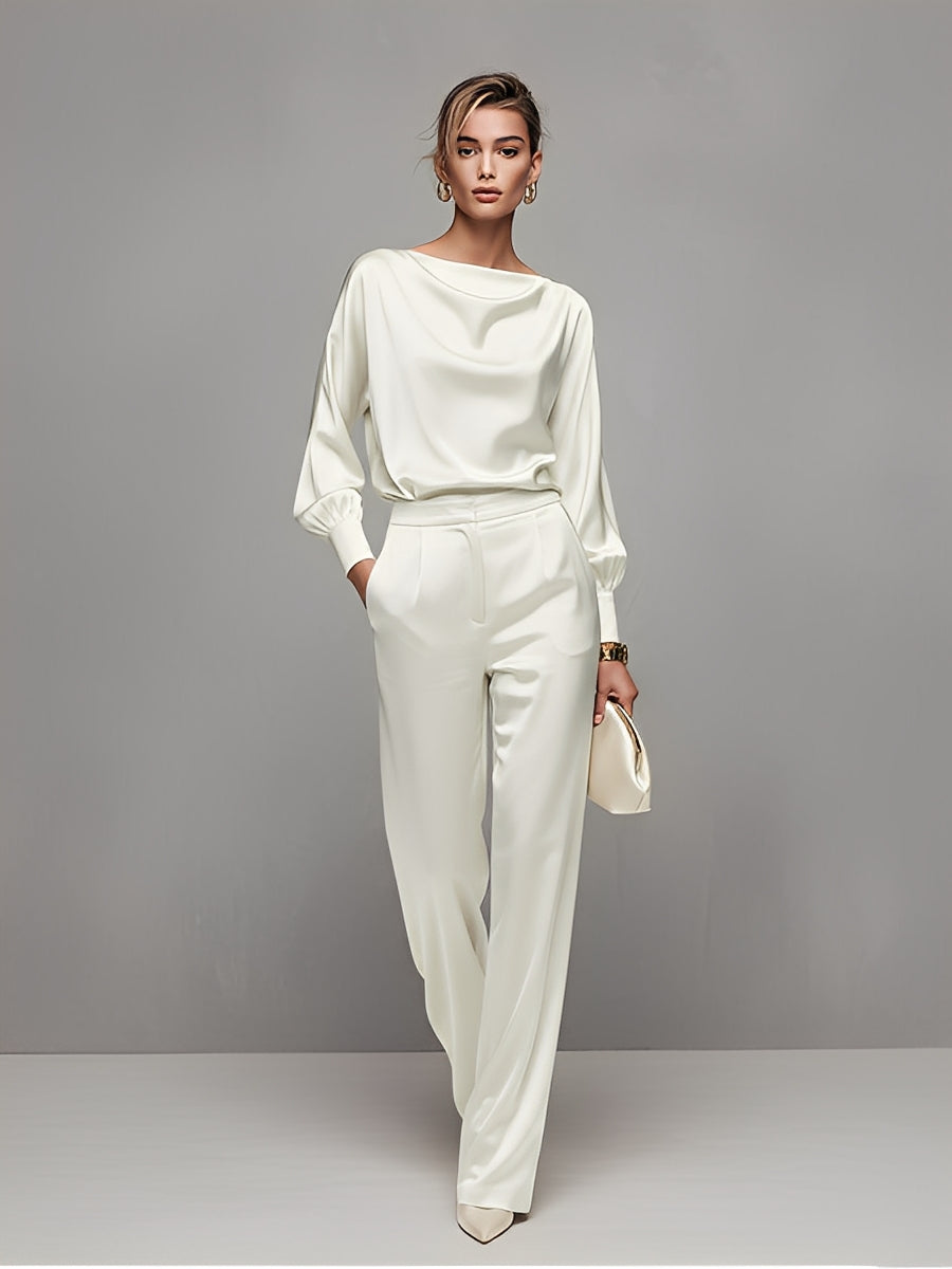 Women's Ivory Satin Set With Boat Neck Top & Puff Sleeves, Timeless Luxe-Elegant Style Set MDZ1209A0I