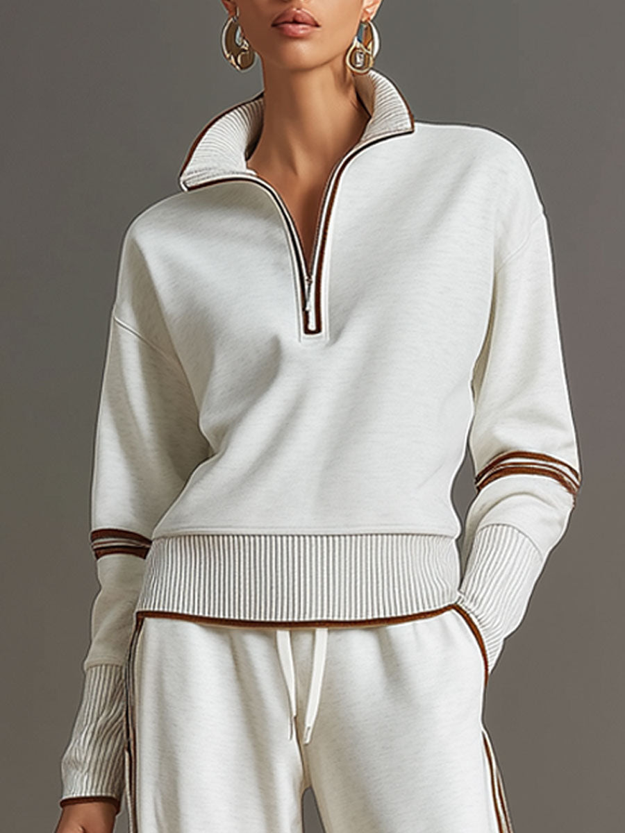 Retro Sporty Webbing Grey-white Half-zip Sweatshirt And Wide-leg Pants Set