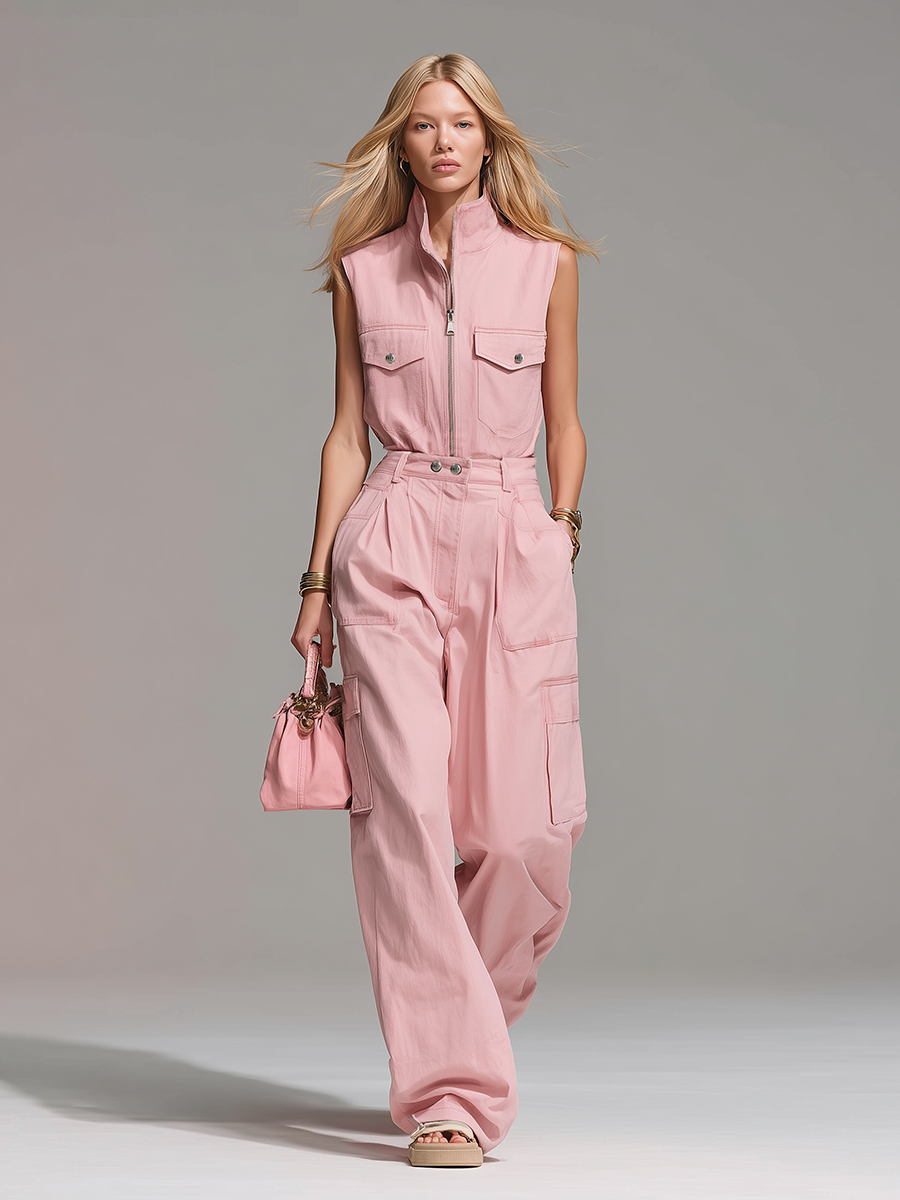 Casual And Comfortable Stand-up Collar Zip-up Sleeveless Top And Cargo Trousers Set