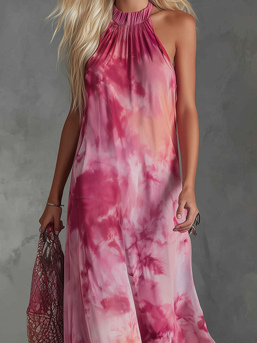 Halter-neck Tie-dye Print Chiffon Sleeveless Maxi Dress