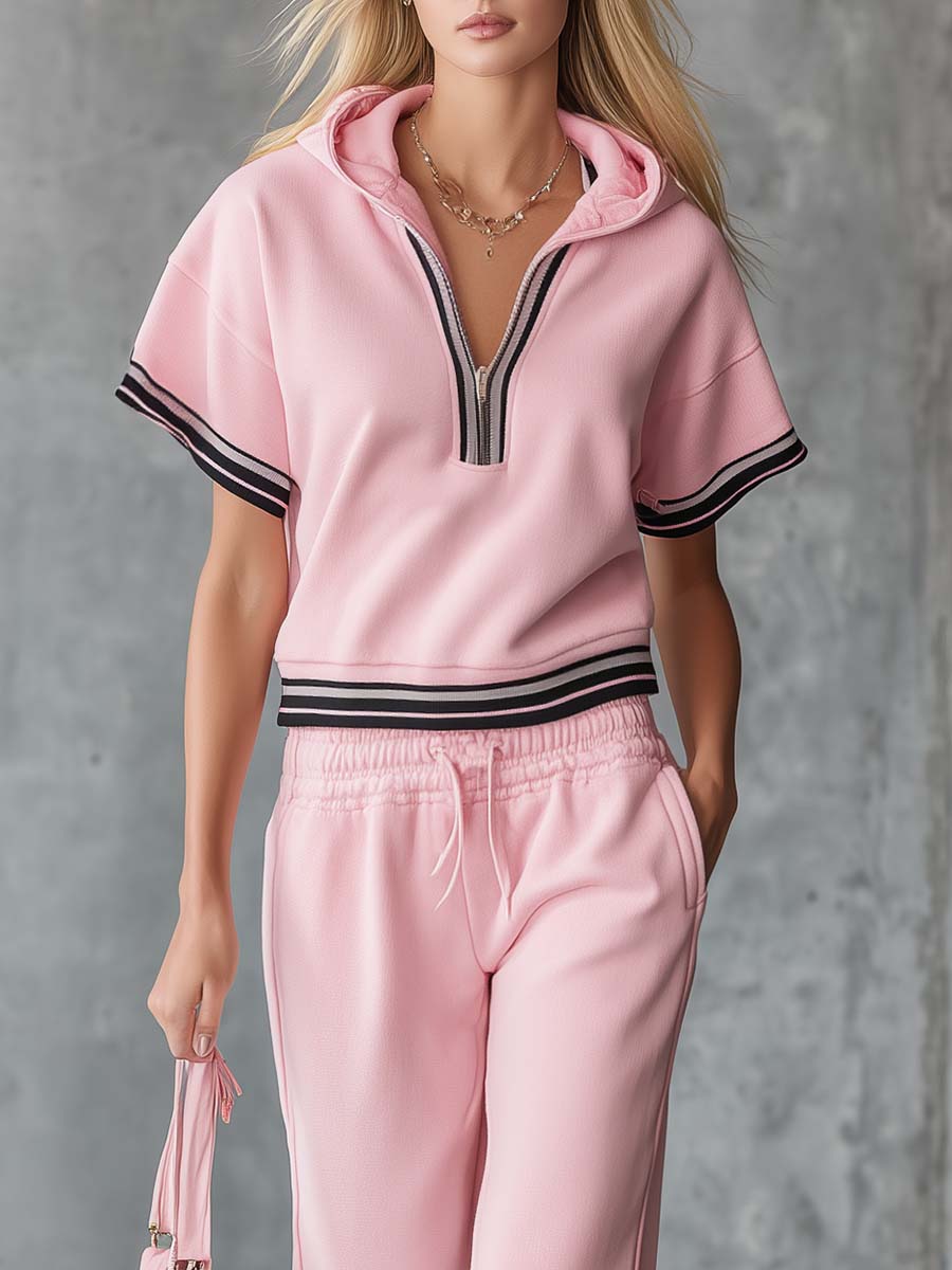 Elegant Fashion Sporty Hooded Front Zipper Short-sleeved Pink Cotton Top And Pants Set