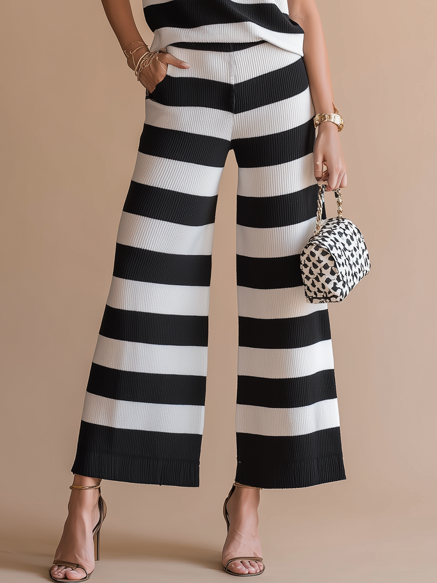 Casual Classic Black And White Striped Knit Top And Wide-leg Pants Set
