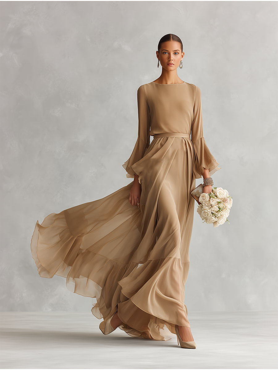 Women's Neutral Sheer Chiffon Dress With Bell Sleeves & Ruffled Skirt, Timeless Romantic-Luxe Style Dress MDZ1239A8I