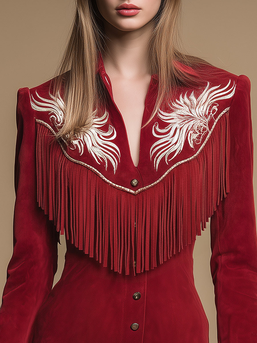 Western-style Retro Embroidered Fringed Lapel Faux Suede Mini Dress
