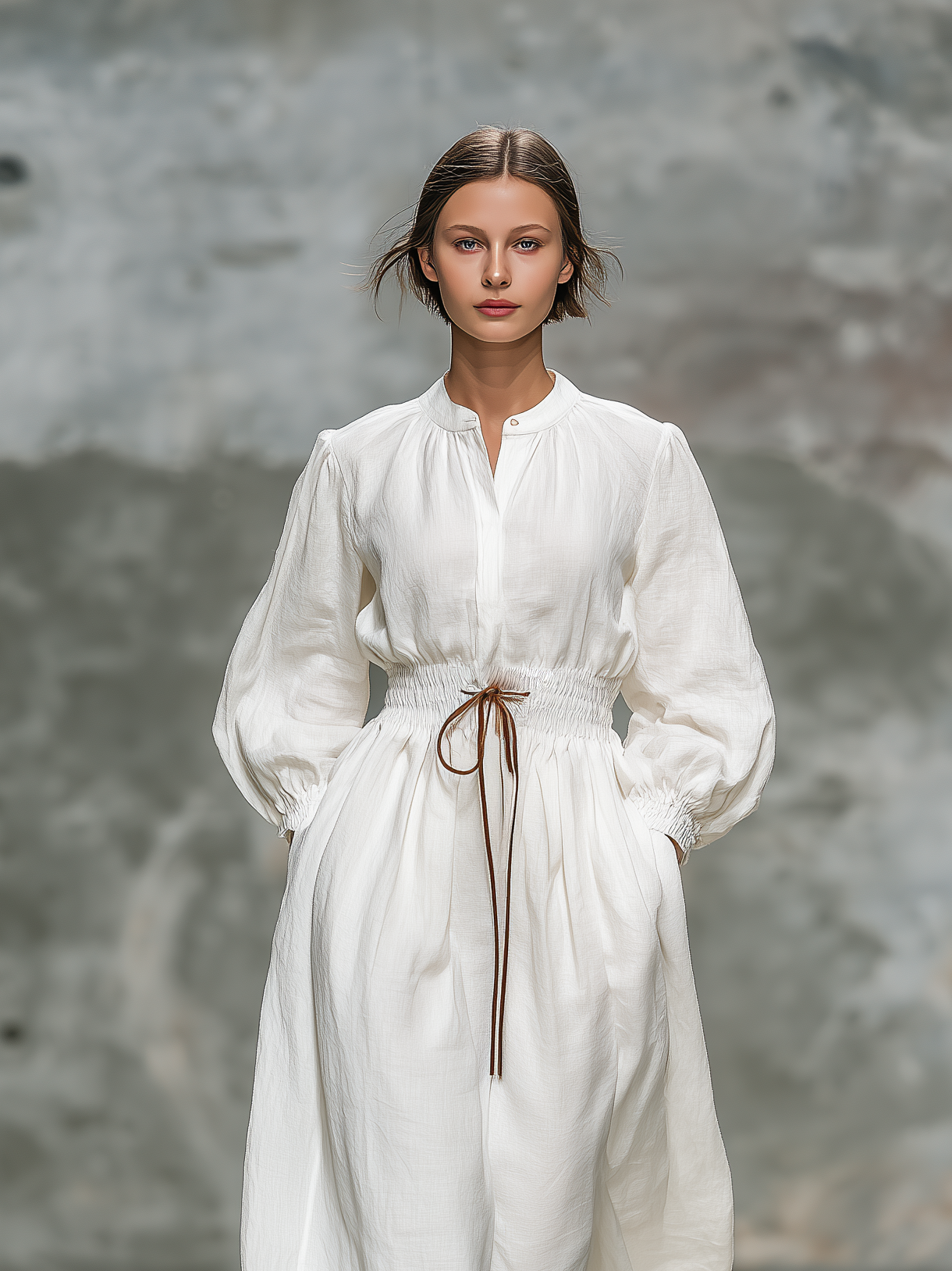 Women's Fashionable White Woven Round-neck Long-sleeved Maxi Dress With Elastic Waist MDZ0650A8AN