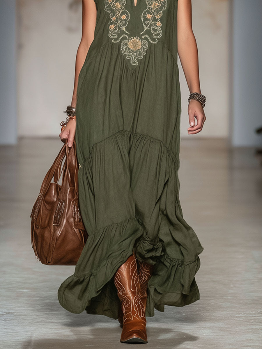 Lapel V-neck Vintage Embroidered Cotton And Linen Sleeveless Maxi Dress