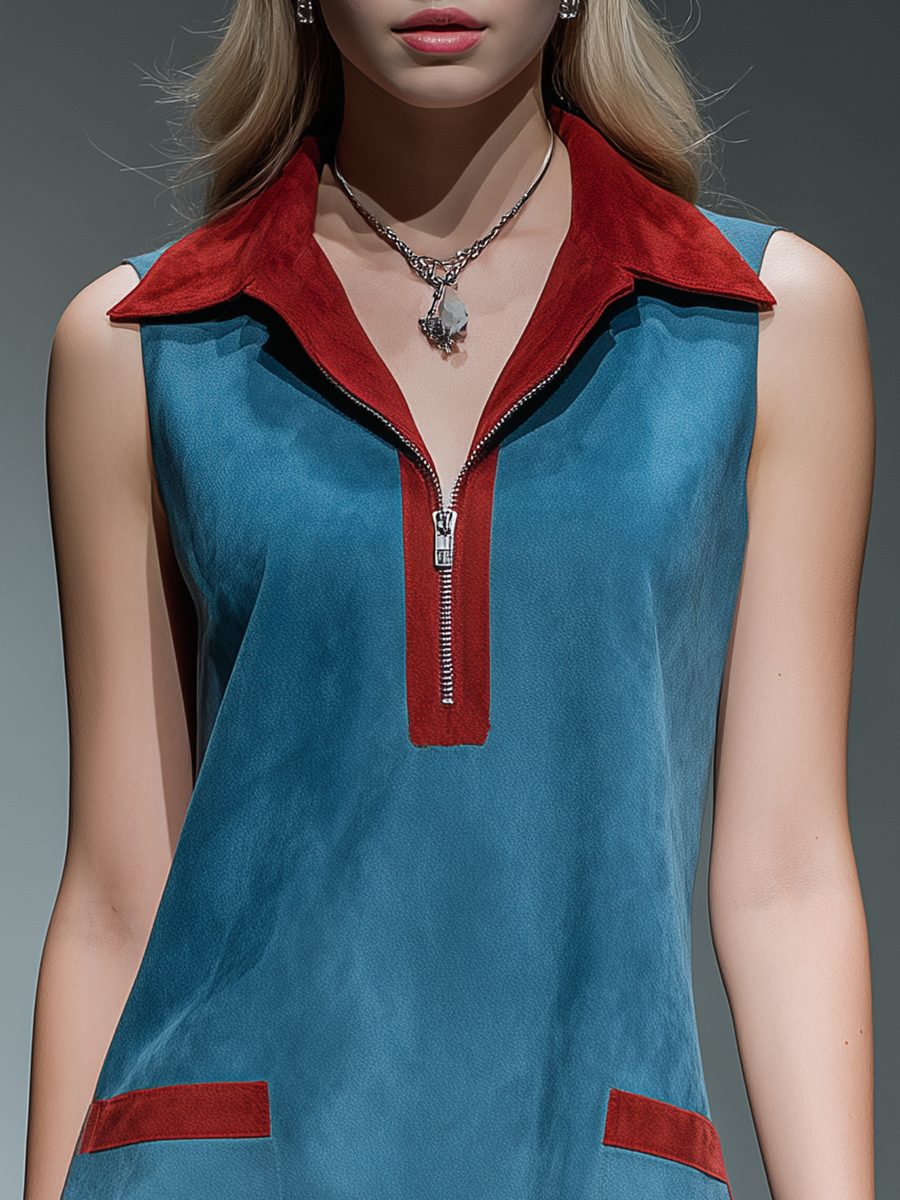 Stylish Retro-style Lapel Zipper Closure Faux Suede Mini Dress