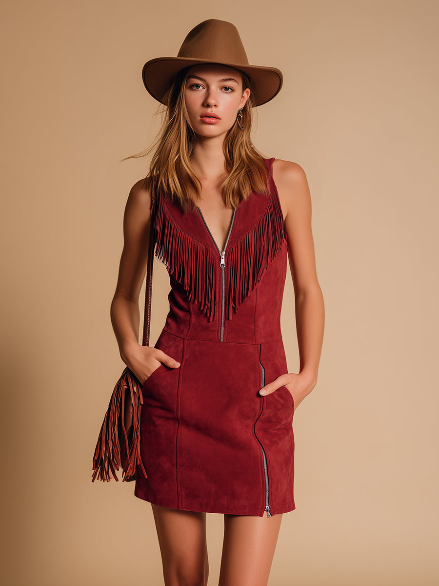 Retro Western-style Zippered Fringed Sleeveless Faux Suede Mini Dress