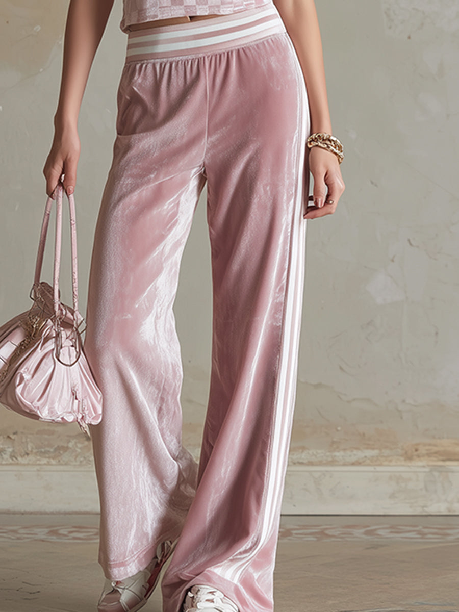 Stylish And Sporty Pink Checkered Print T-shirt And Wide-leg Pants Set