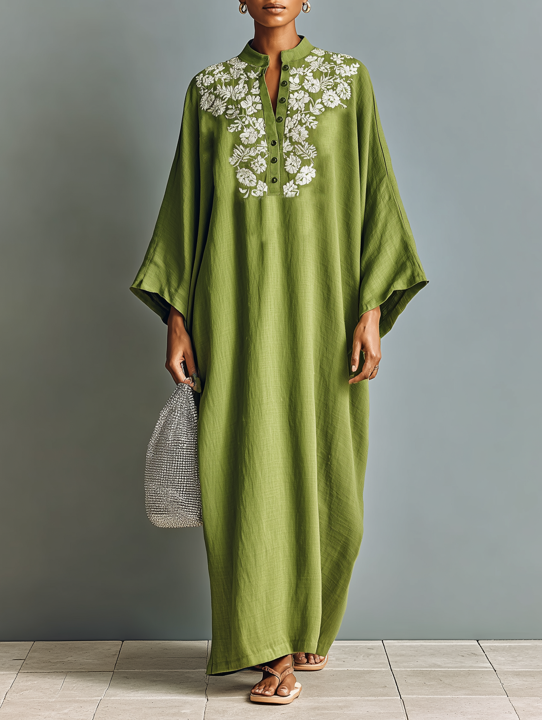 Women's Linen Blend Henley Neck Embroidered Batwing Sleeve Kaftan Maxi Dress MDZ0693A9Y
