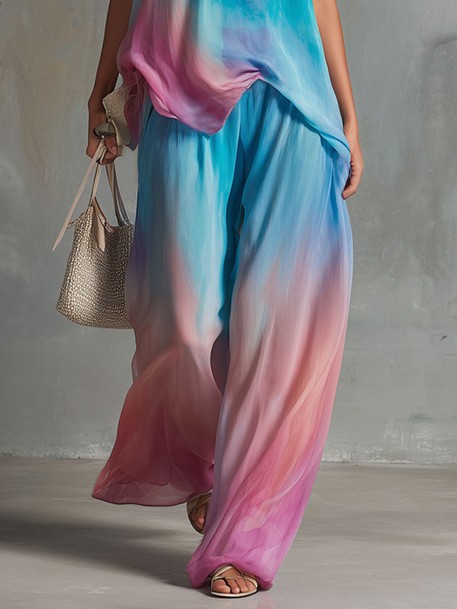 Gradient Chiffon Printed V-neck Sleeveless T-shirt And Trousers Set