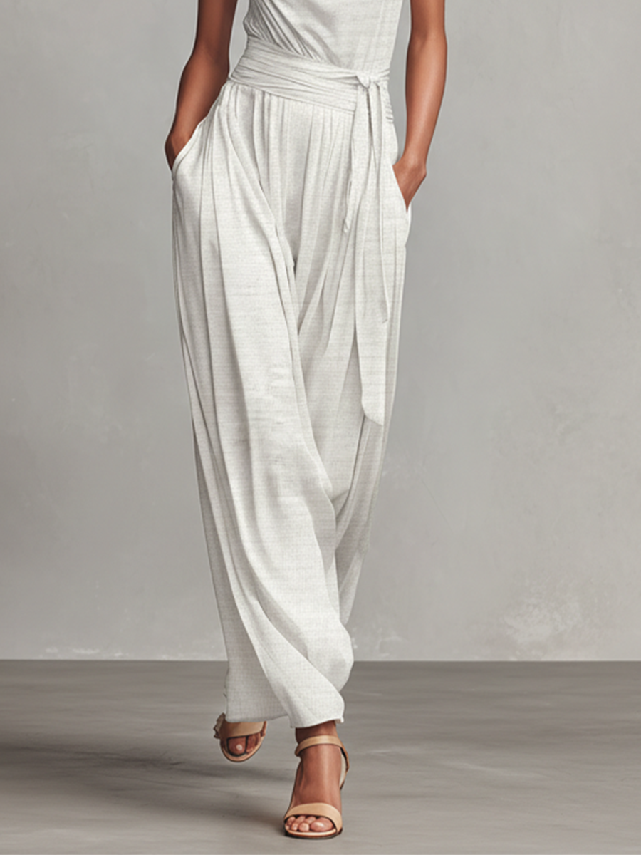 Women's Light Gray Textured Knit Jumpsuit With Cowl Neck & Belted Waist, Timeless Luxe-Elegant Style Jumpsuit MDZ1394A3I