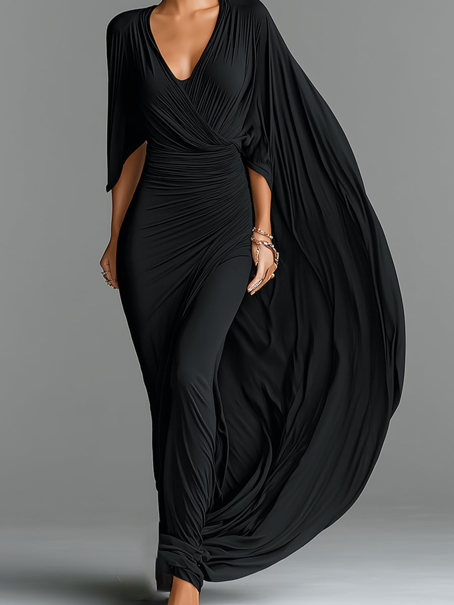 Women's Black Stretch Jersey Dress With Deep V-Neck & Cape Sleeve, Timeless Dramatic-Luxe Style Dress MDZ1696A1I