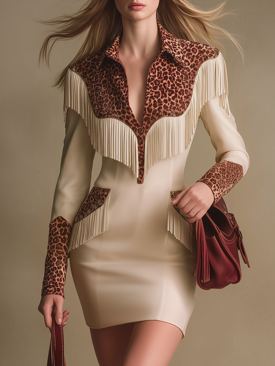 Western-style Lapel Leopard Print Patchwork Fringed Faux Suede Mini Dress