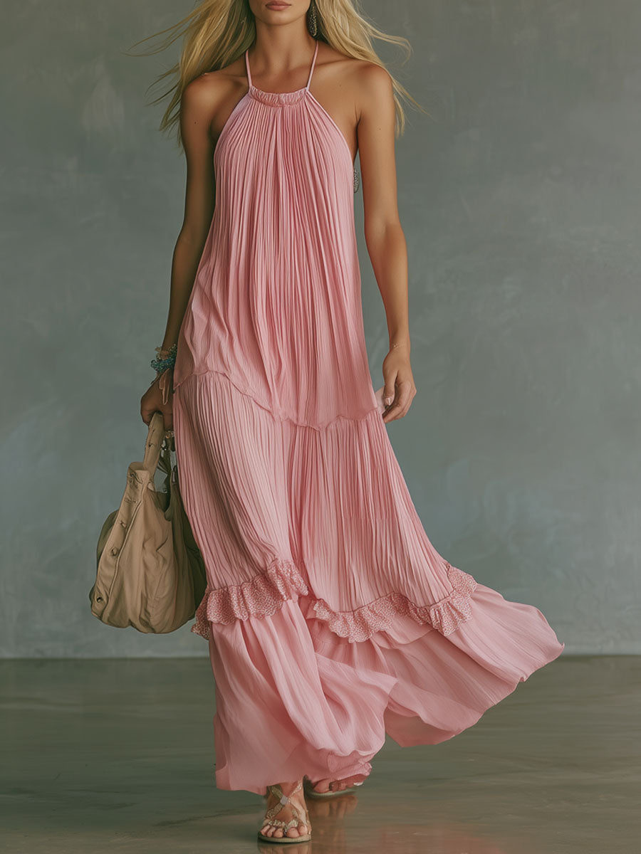 Pink Halter-neck Pleated Chiffon Sleeveless Maxi Dress