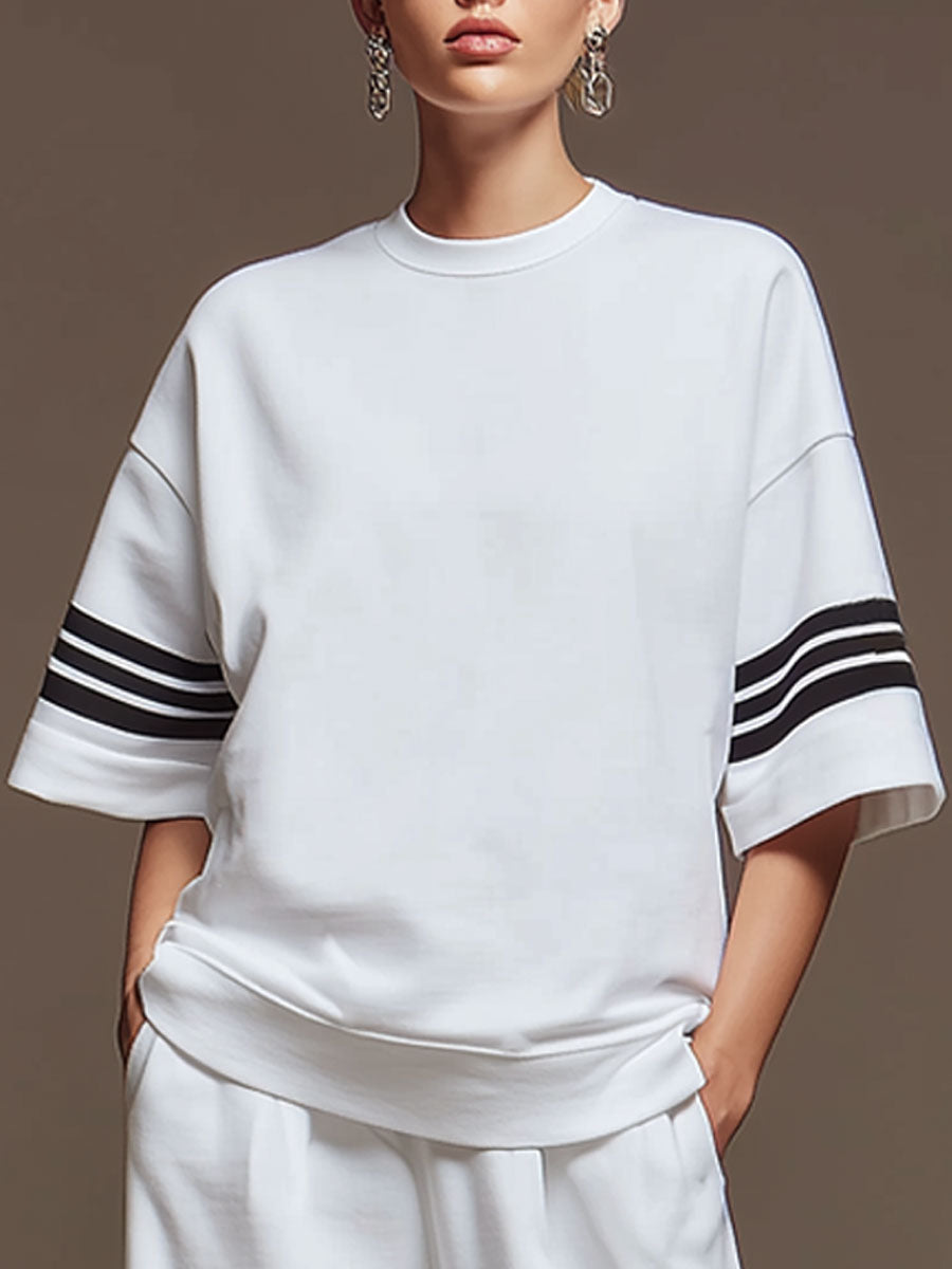 Casual Sporty Retro Striped White Cotton Short-Sleeve T-Shirt And Wide-Leg Pants Set