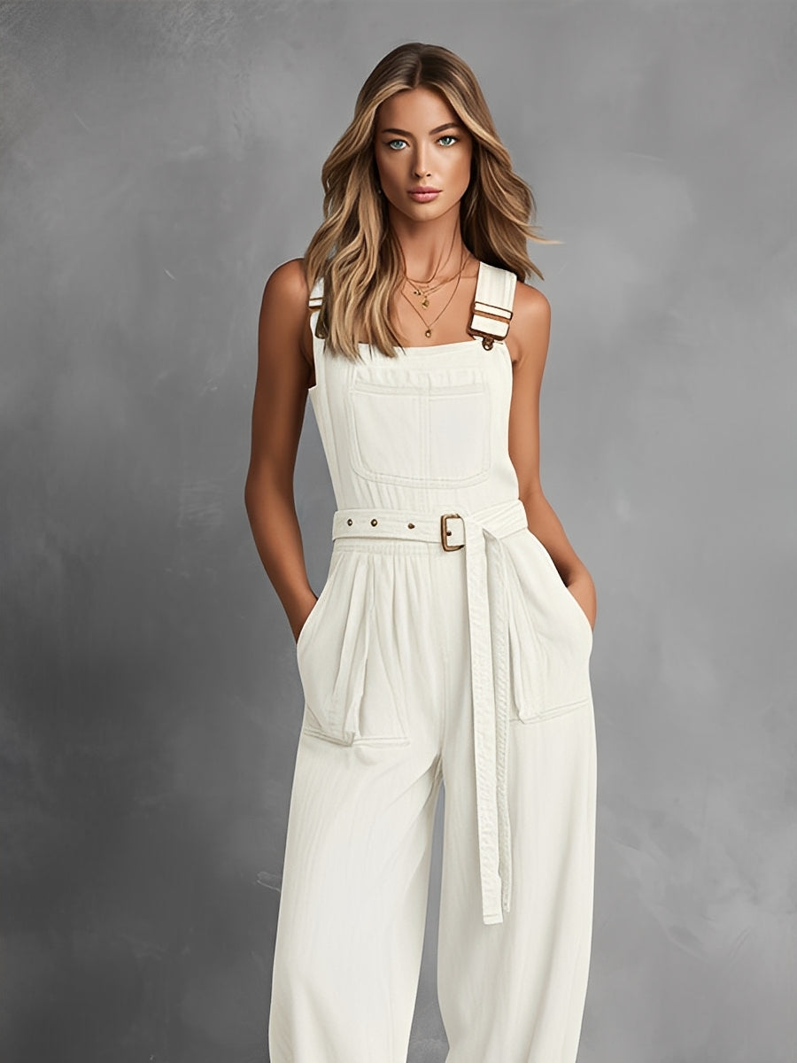 Women's Off-White Relaxed Jumpsuit With Utility Pockets & Adjustable Straps, Sophisticated Daytime-Casual Style Jumpsuit MDZ1473A6I