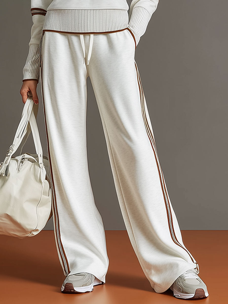 Retro Sporty Webbing Grey-white Half-zip Sweatshirt And Wide-leg Pants Set