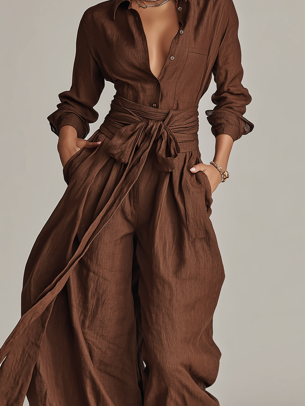 Women's Elegant Brown Woven Cotton-linen Long-sleeved Shirt Collar Jumpsuit With Belt MDA1965L9AN