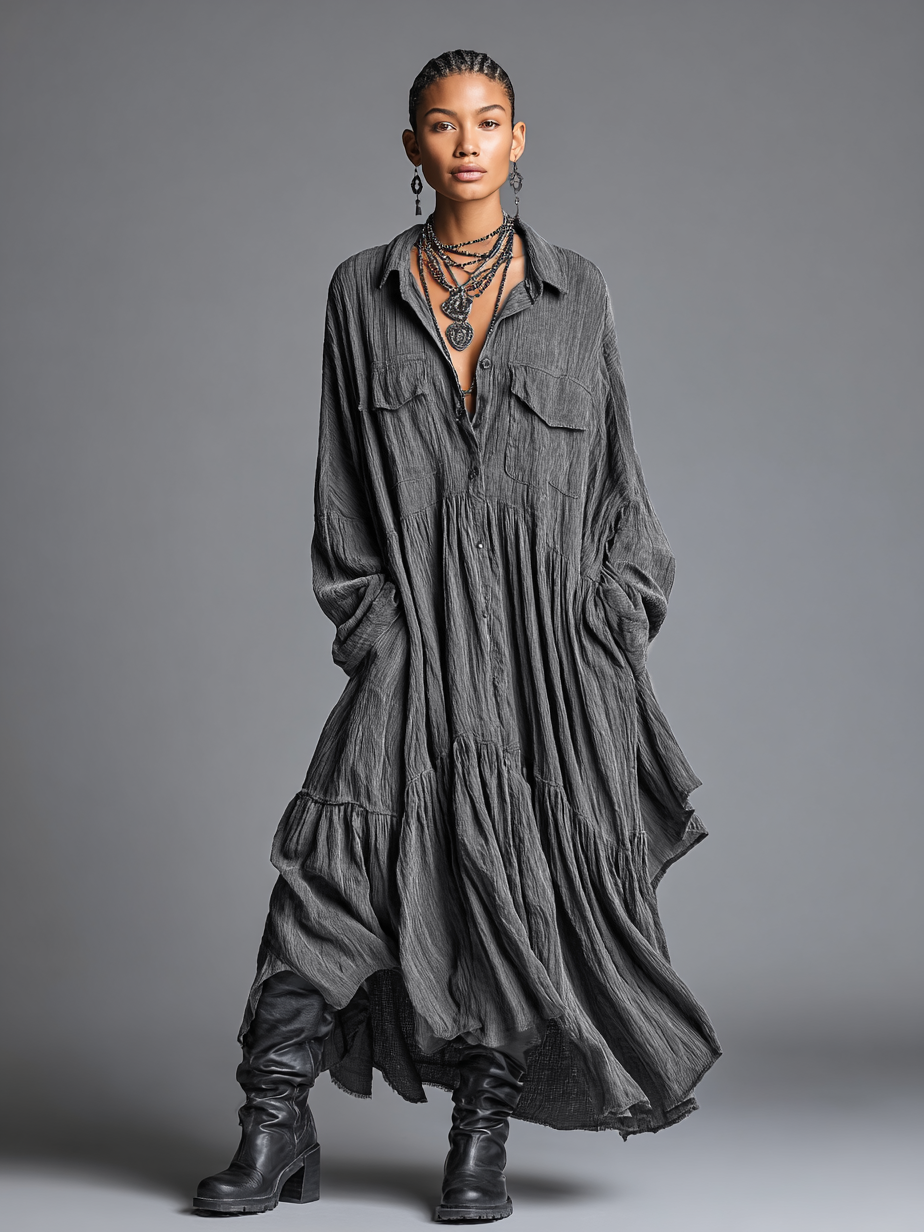 Women's Cotton And Linen Blend Loose Washed Shirt Maxi Dress MDA0486H7Y