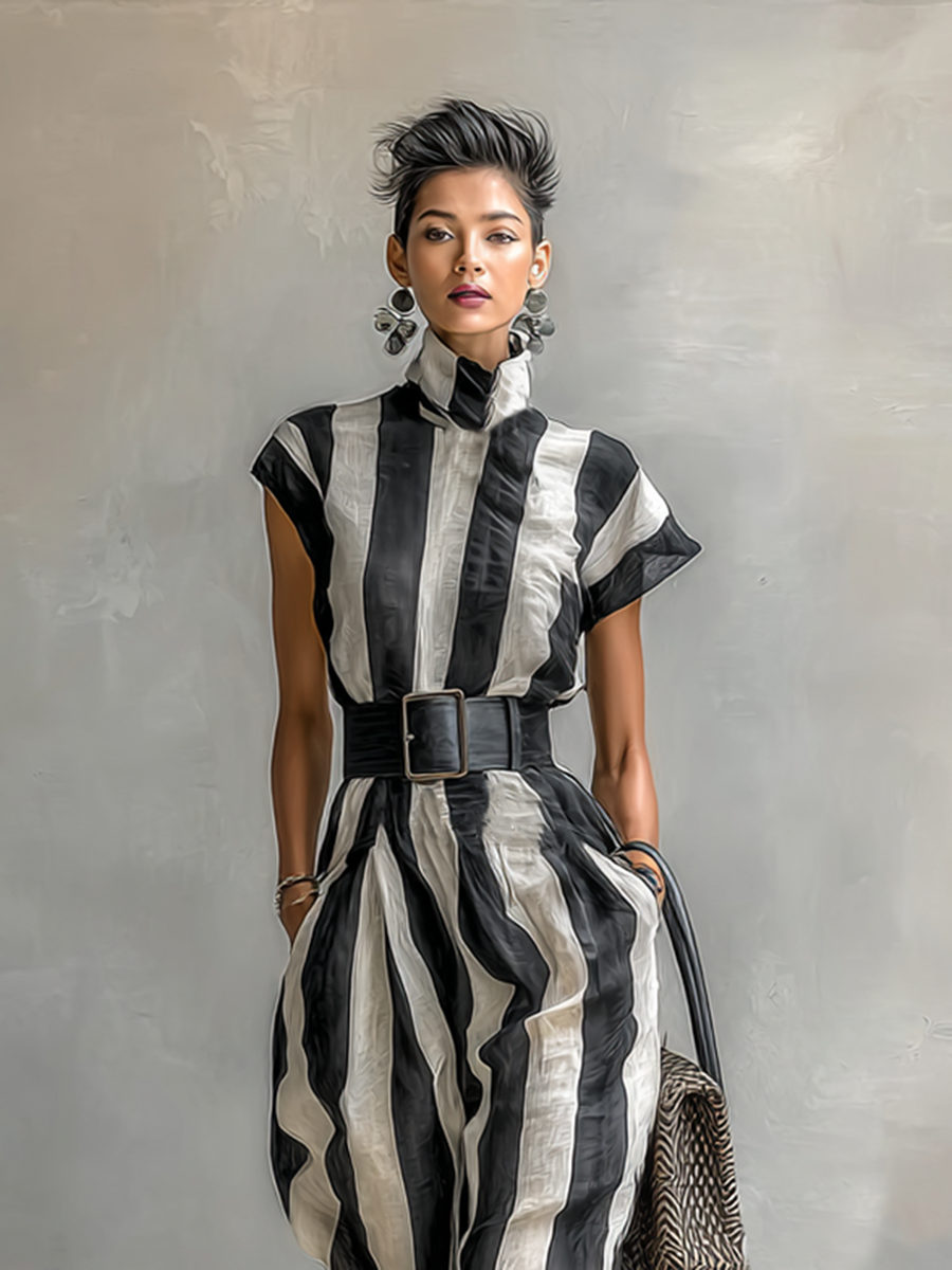 Women's High Collar Chiffon Short Sleeve Belt Maxi Dress MDA0987G2Y