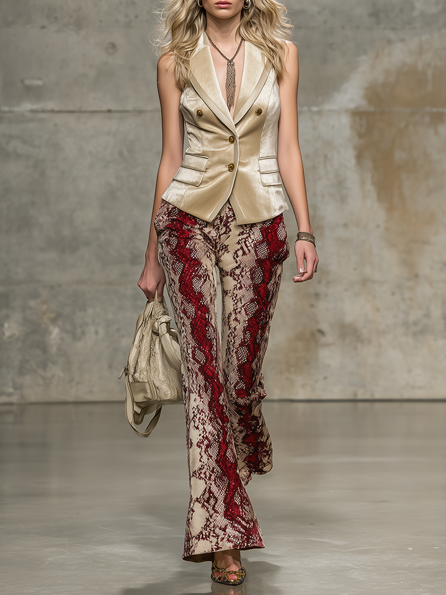 Stylish Western-style Velvet Vest And Gray Leopard Print Flared Pants Set