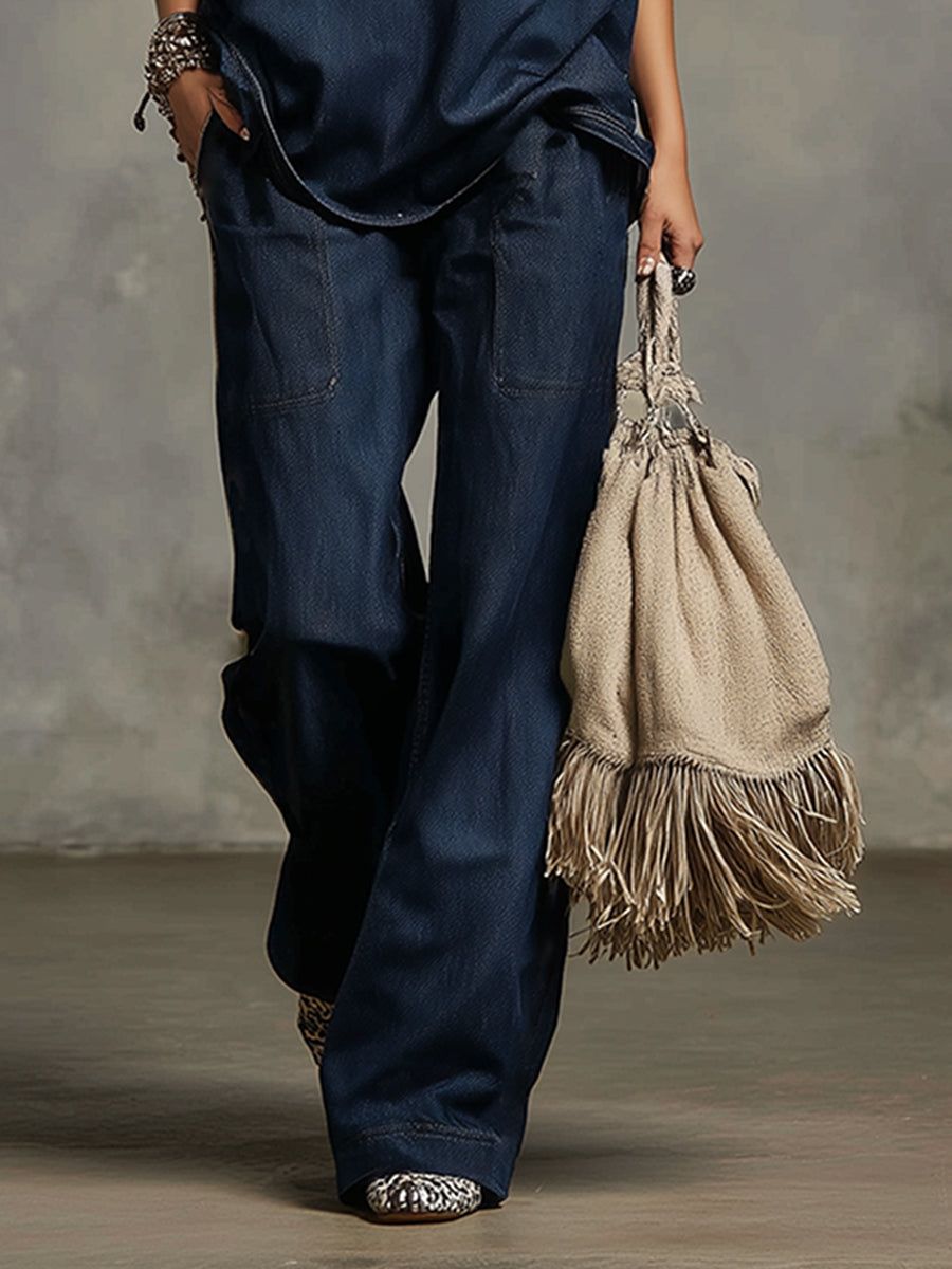 Casual And Stylish Striped V-neck Dark Blue Denim T-shirt And Wide-leg Pants Set