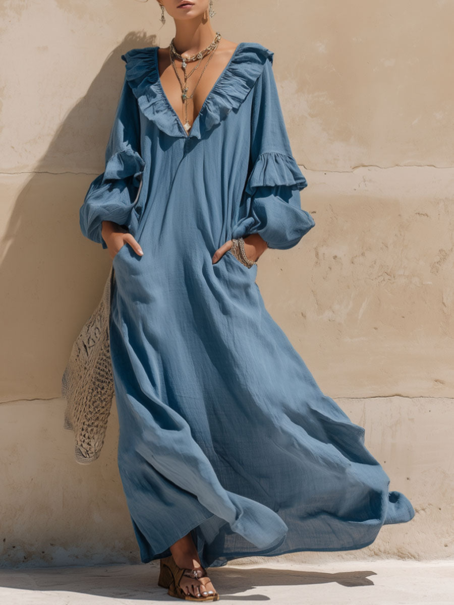 Loose-fitting V-neck Ruffled Double-pocket Cotton And Linen Long-sleeved Maxi Dress