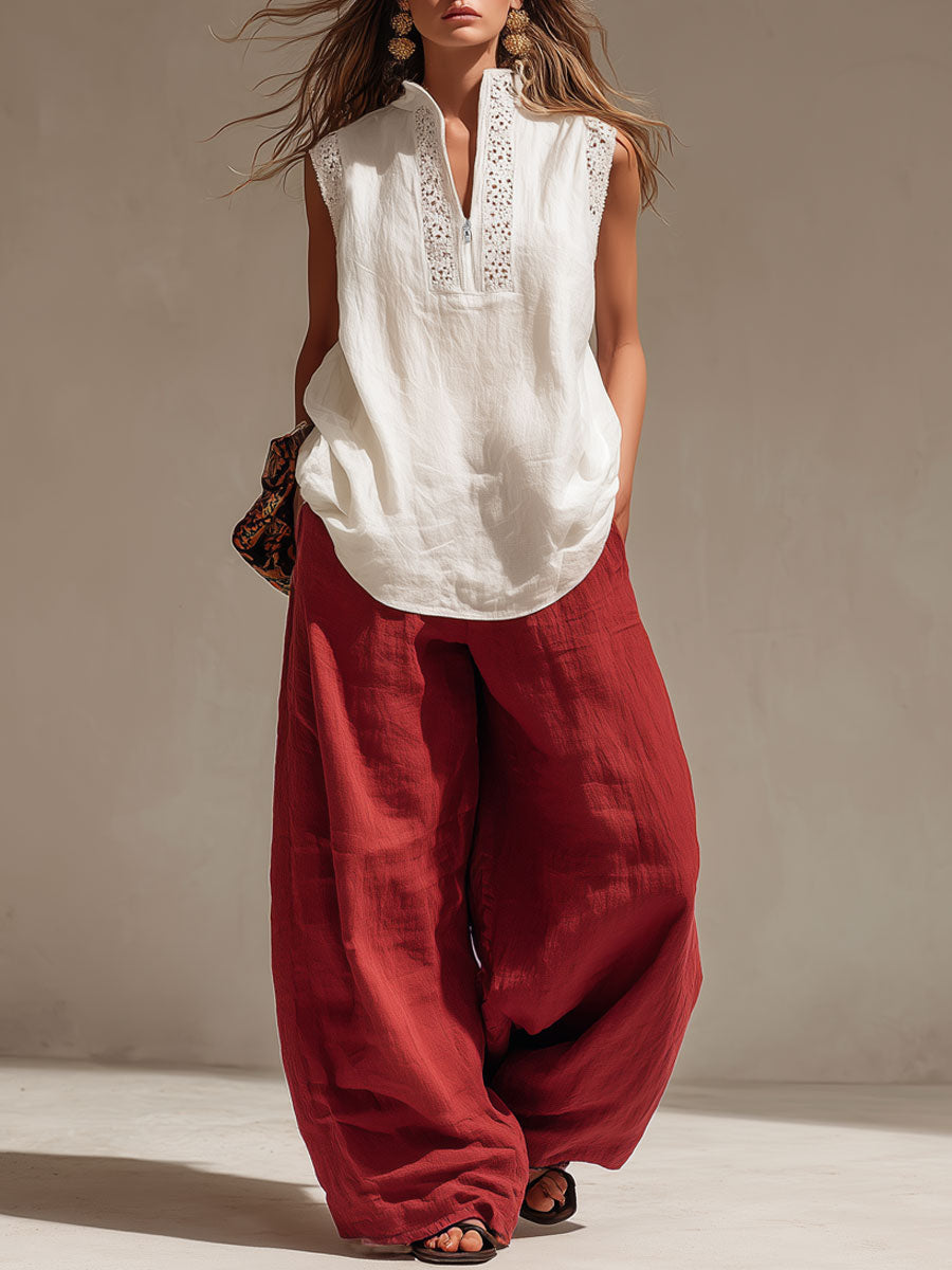 Vacation Retro Lace White Cotton Sleeveless Shirt And Red Pants Set
