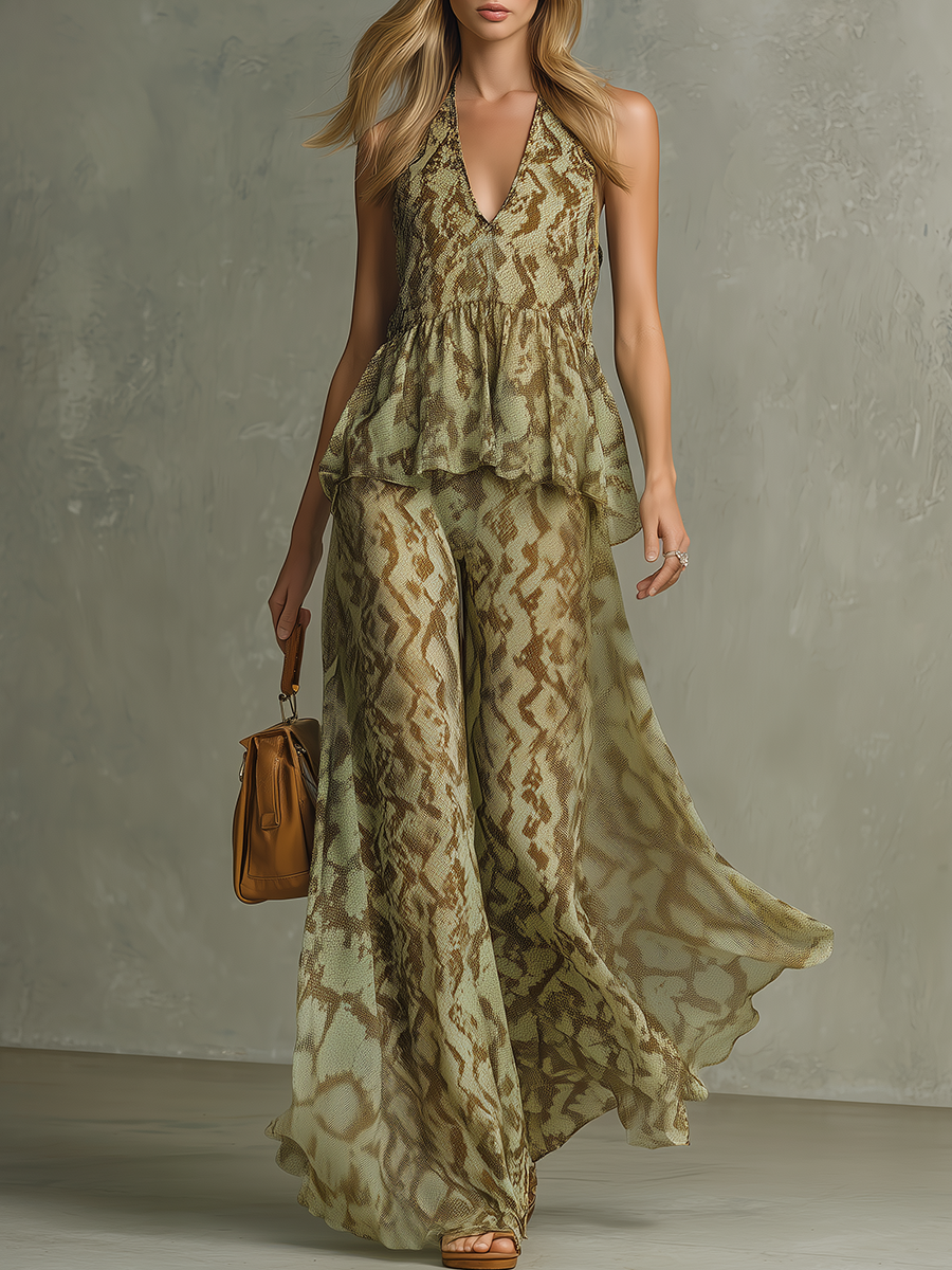 Retro Snake Print Chiffon Ruffled Tank Top And Wide-leg Pants Set