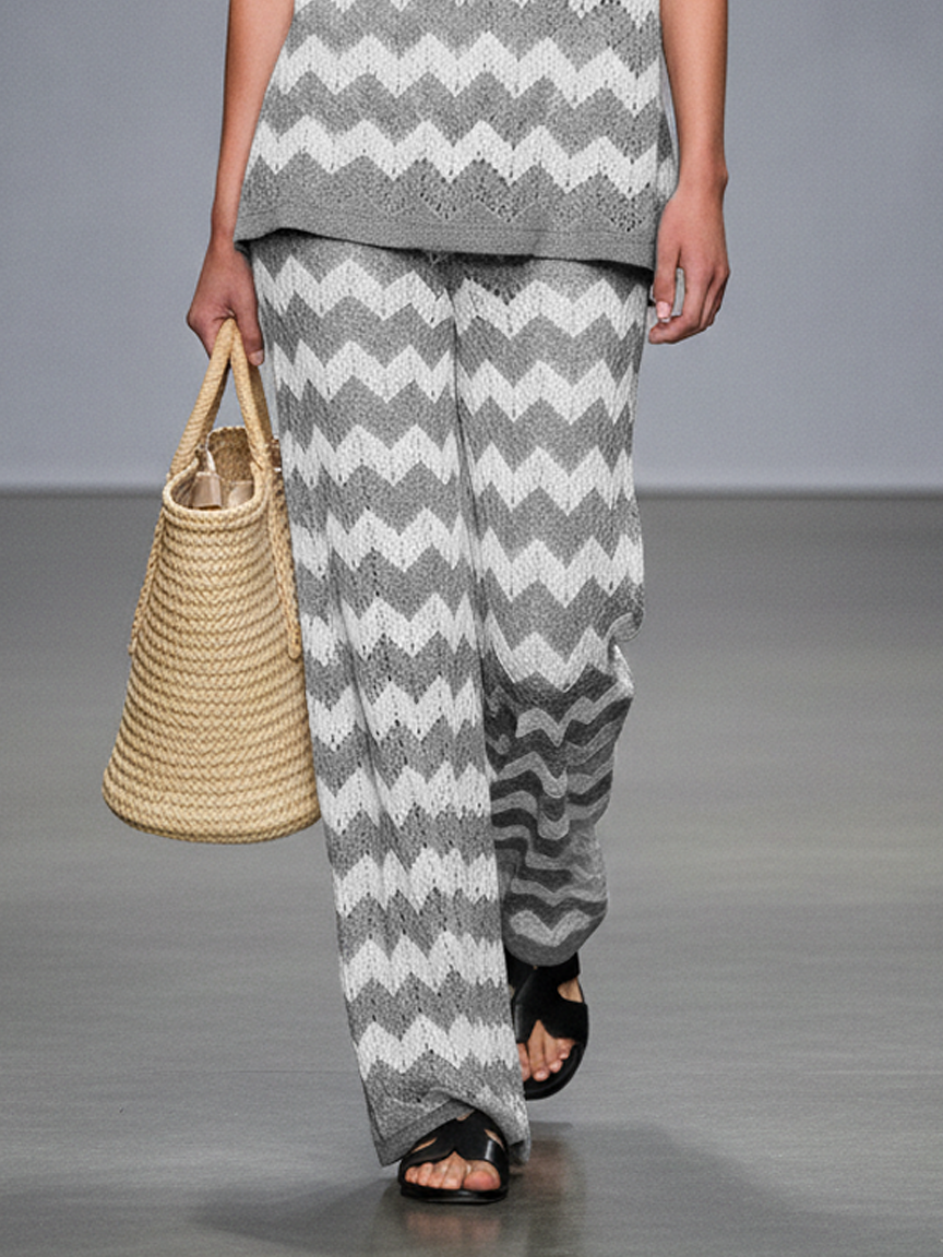 Women's Sheer Wave Pattern Knitted Sleeveless Top And Straight-leg Pants Set MDZ1407A0Y