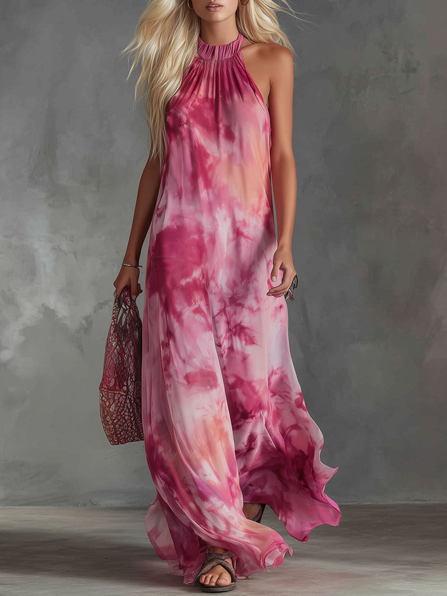 Halter-neck Tie-dye Print Chiffon Sleeveless Maxi Dress