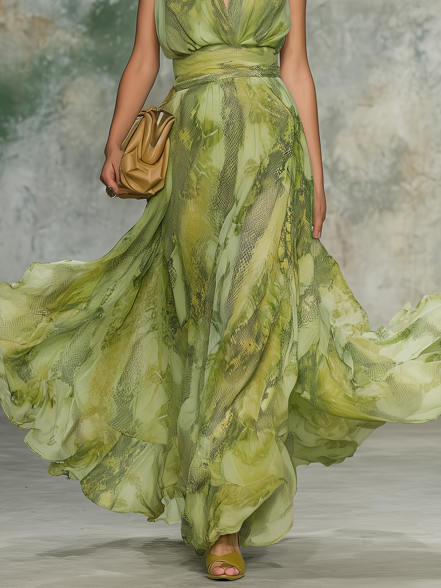 Vintage And Elegant Snake Print Chiffon Maxi Dress