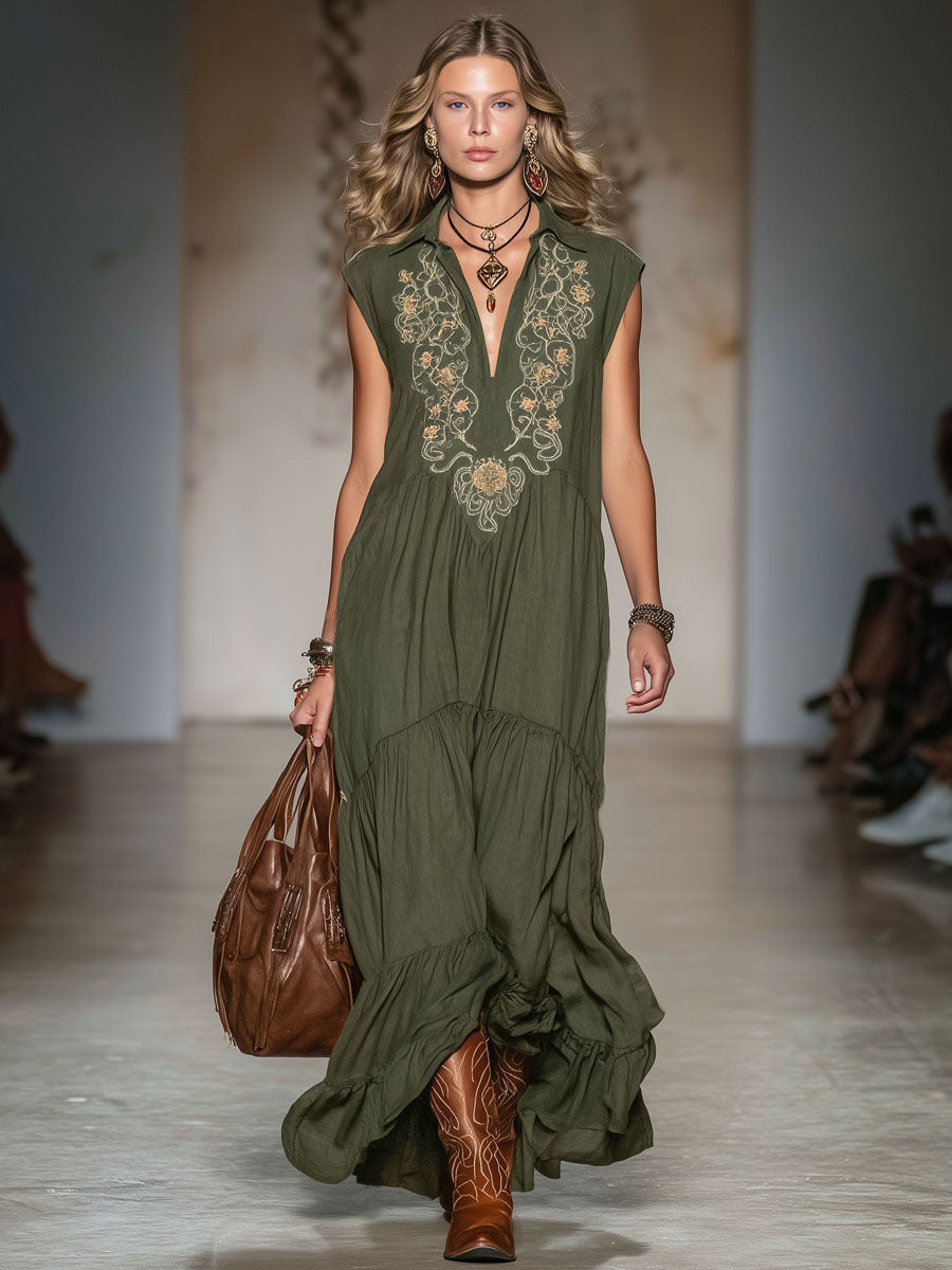 Lapel V-neck Vintage Embroidered Cotton And Linen Sleeveless Maxi Dress