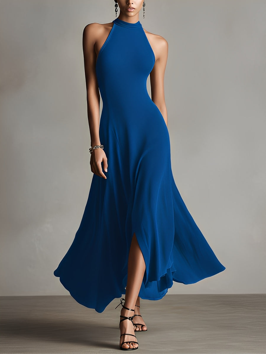 Women's Royal Blue Ribbed Knit Dress With Halter Neck & Side Slit, Timeless Sleek-Chic Style Dress MDZ0995A9I