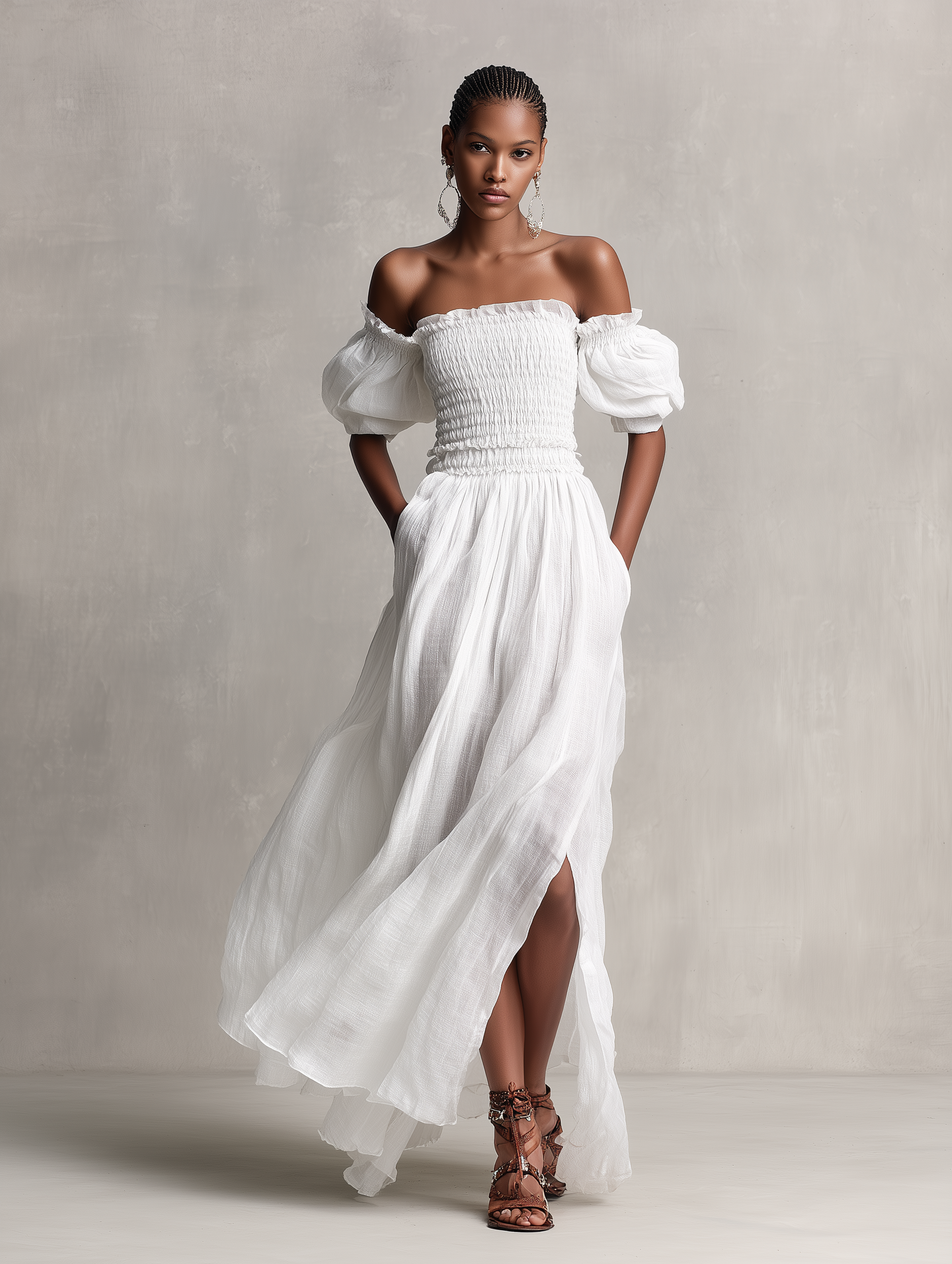 Women's White Linen-Blend Dress With Off-the-Shoulder Design & Puff Sleeves, Timeless Romantic-Chic Style Dress MDZ1297A7I