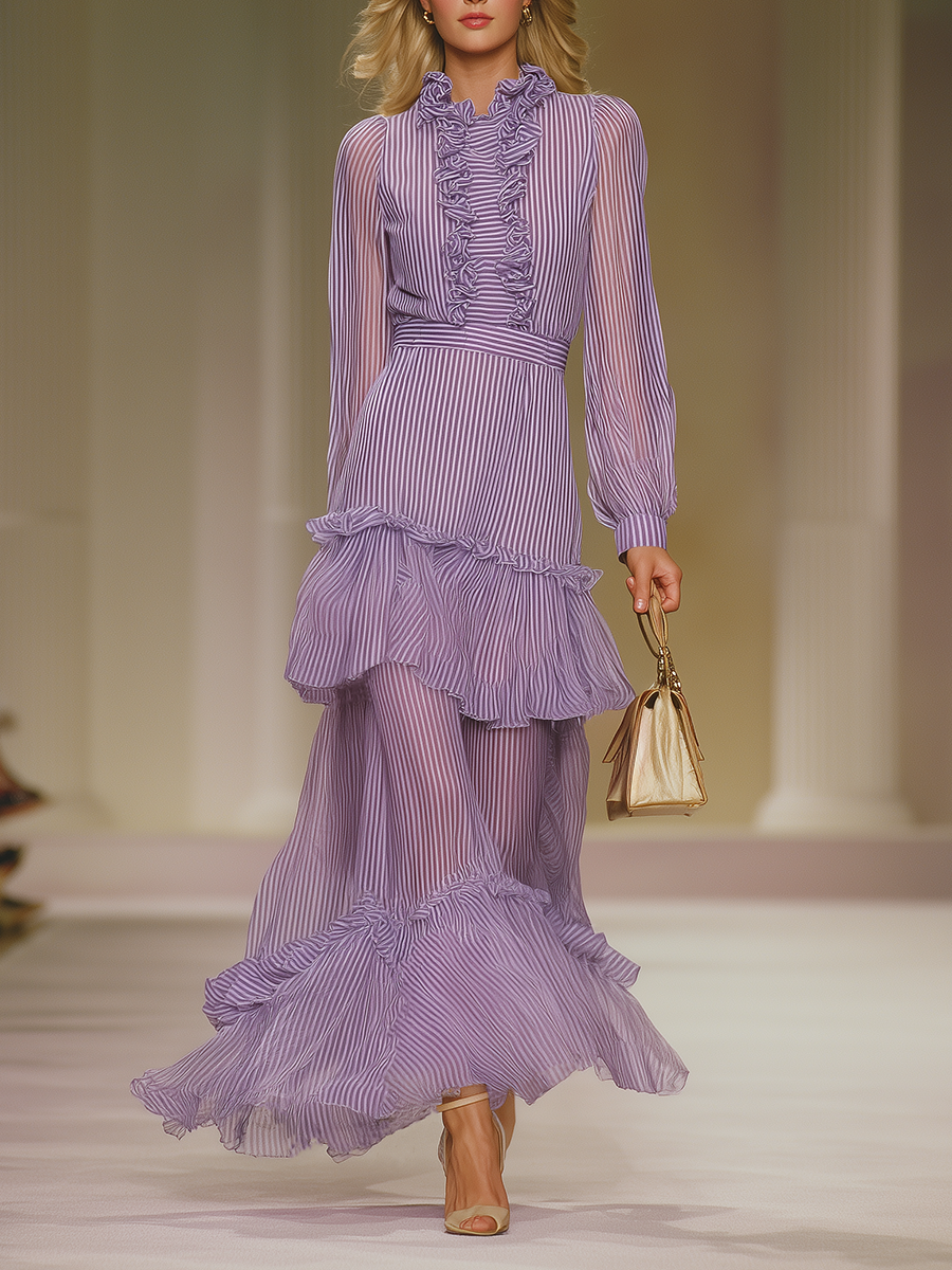 Elegant And Fashionable Ruffled Striped Chiffon Long Dress
