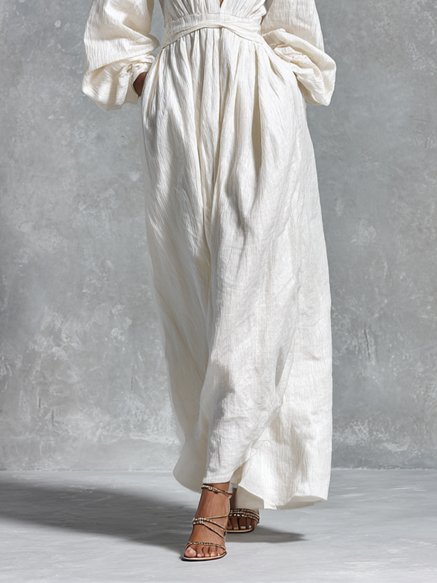 Women's Relaxed-fit White Pure Cotton Long Dress With A Cinched Waist MDZ1522A4BA