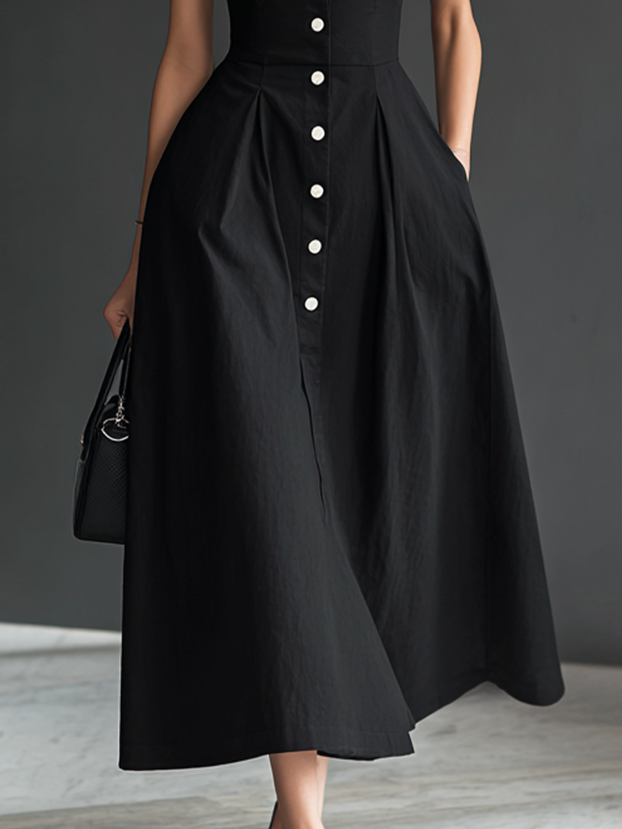 Women's Elegant Black And White Color-blocked Cotton And Linen Mid-length Dress With Lapel Collar MDZ1348A4BA
