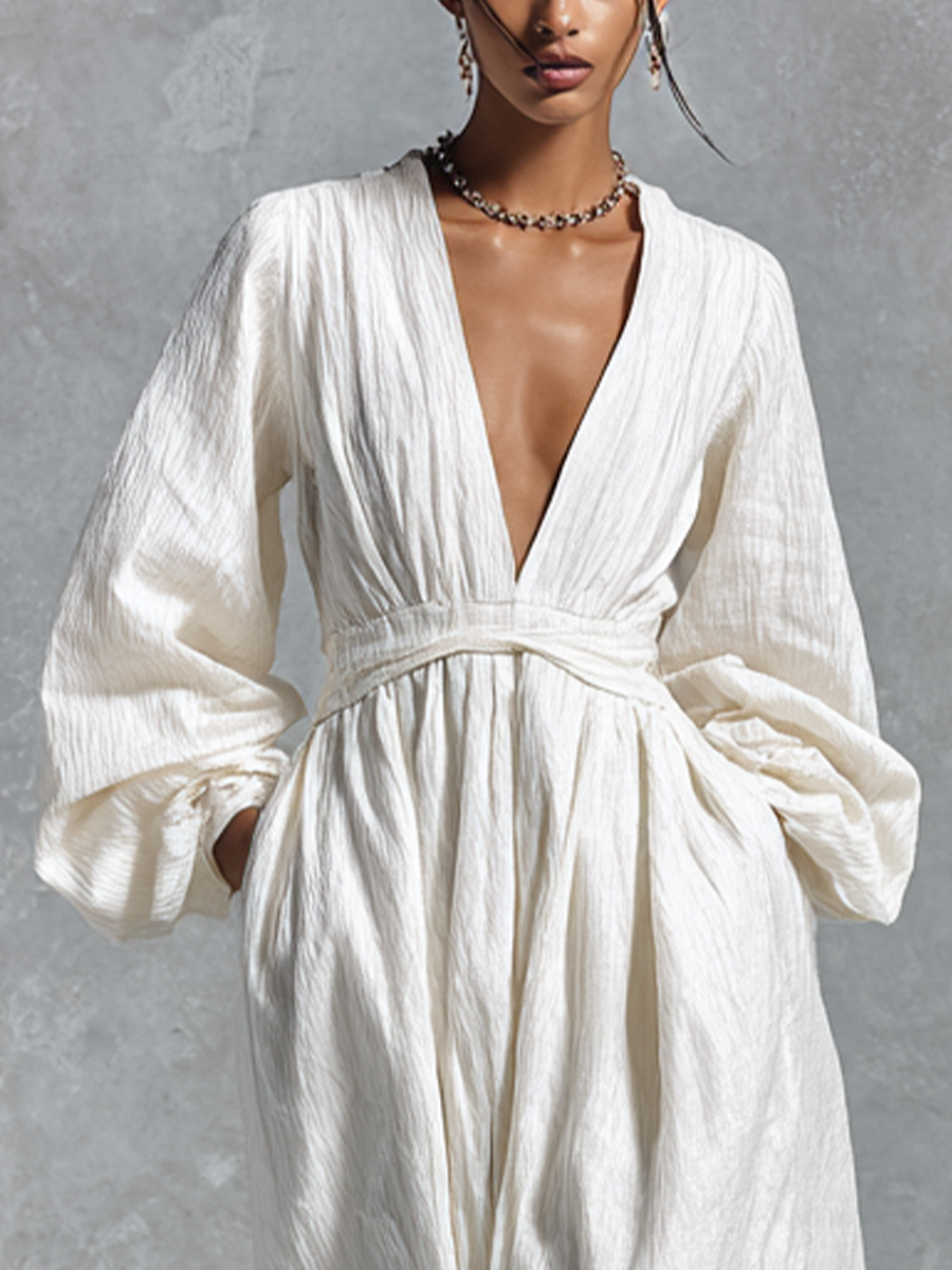 Women's Relaxed-fit White Pure Cotton Long Dress With A Cinched Waist MDZ1522A4BA