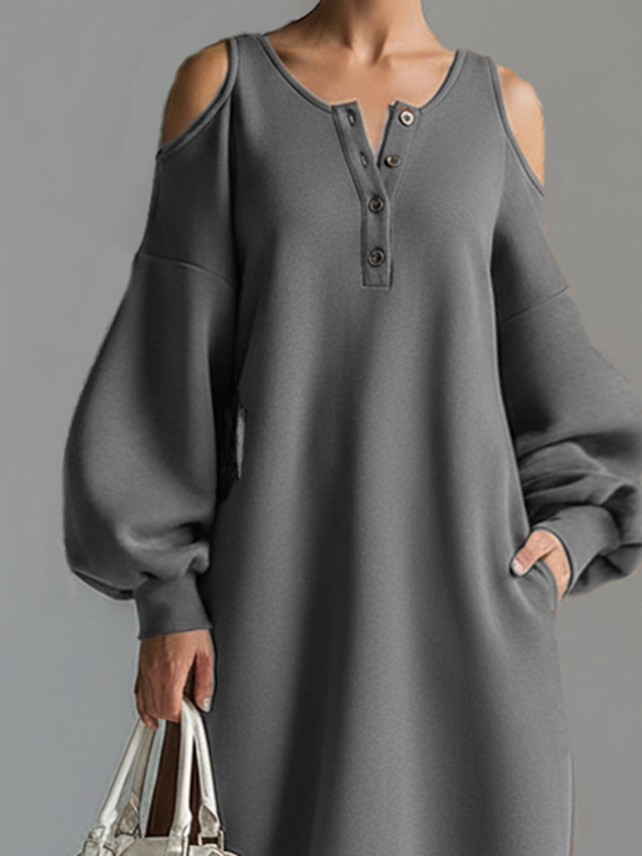Elegant Urban Sporty Grey Cotton Off-the-shoulder Long-sleeved Maxi Dress