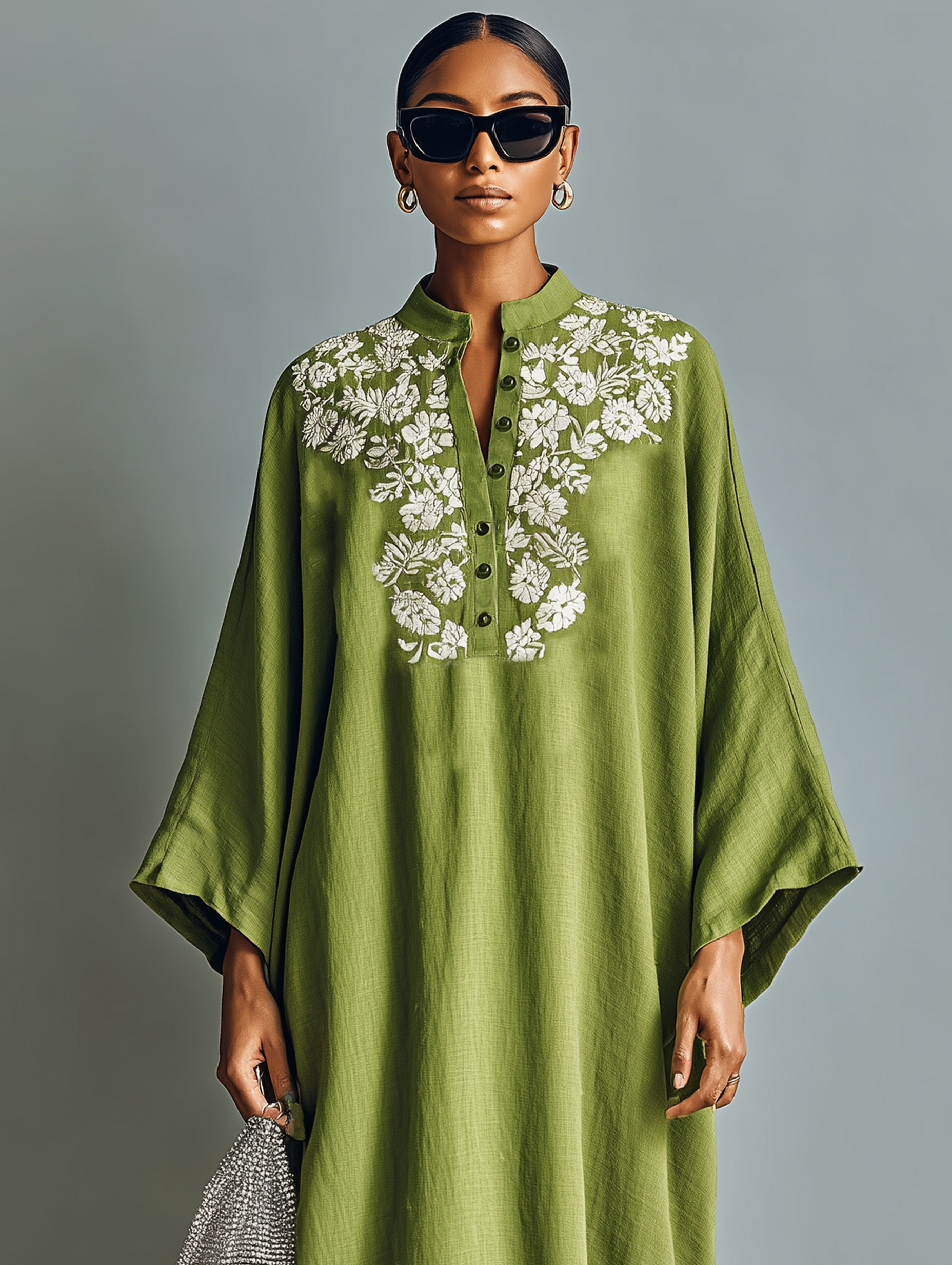 Women's Linen Blend Henley Neck Embroidered Batwing Sleeve Kaftan Maxi Dress MDZ0693A9Y