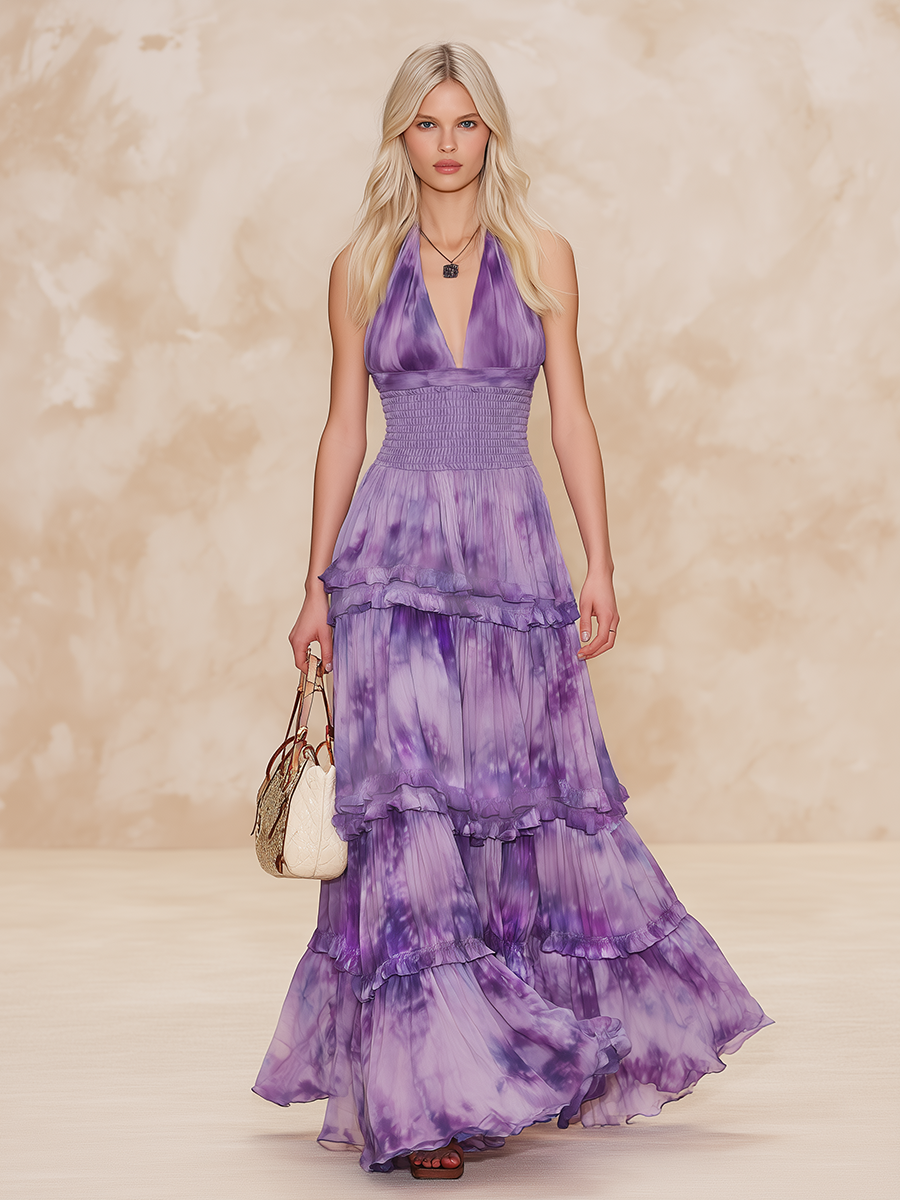 Lazy And Romantic Halter-neck V-neck Chiffon Long Dress