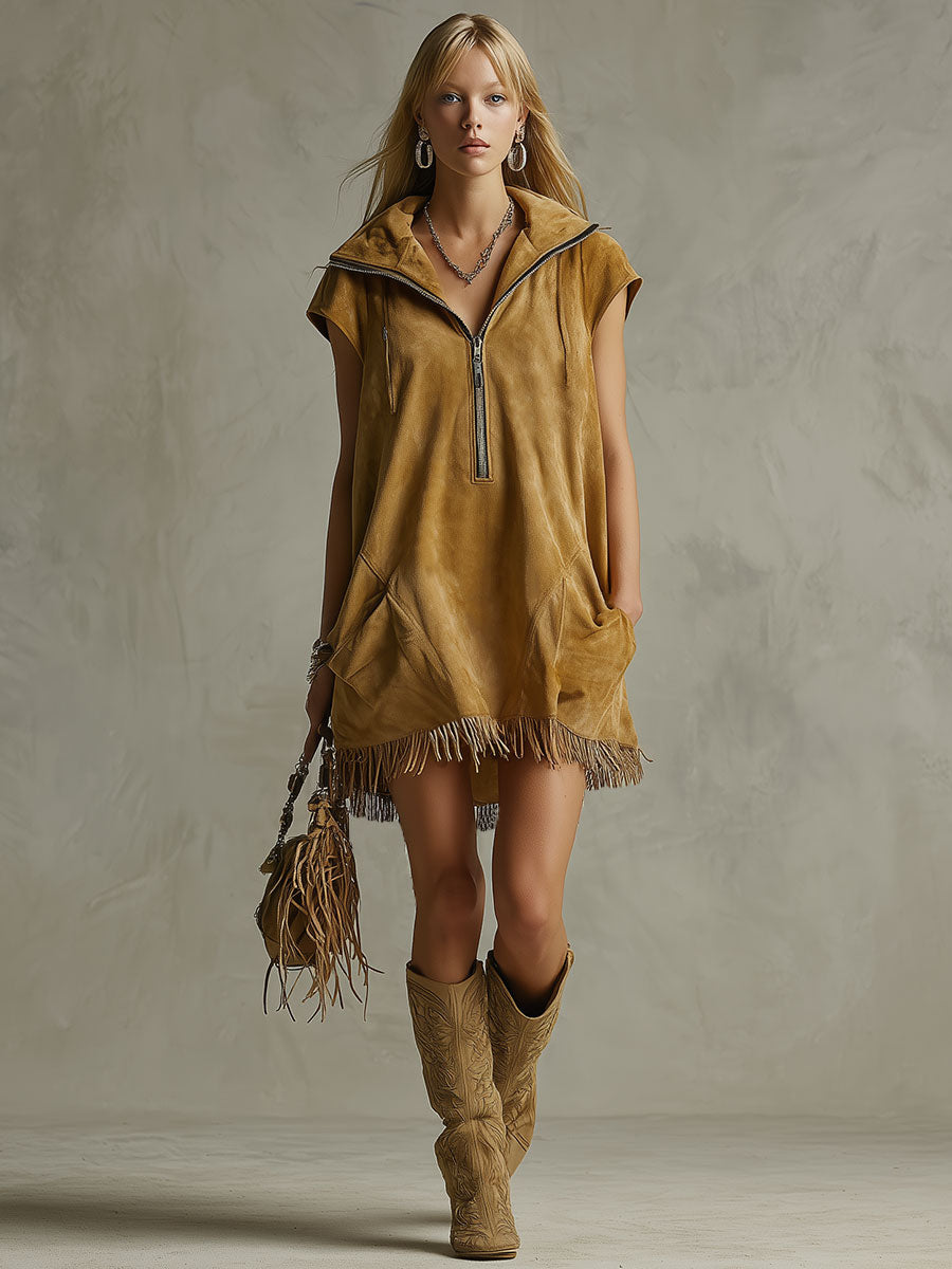 Western Retro Tassel Casual Khaki Brown Lapel Half-zip Faux Suede Mini Dress