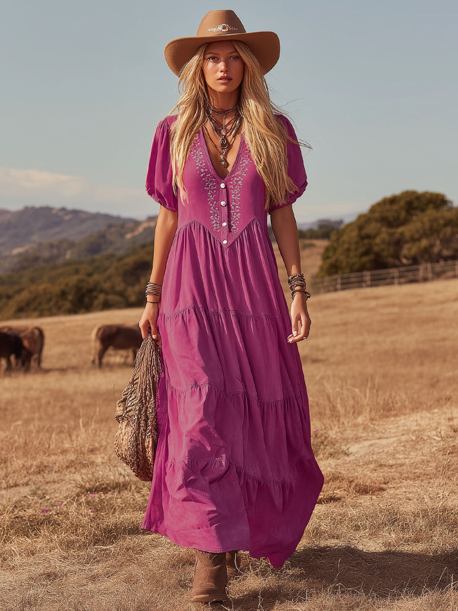V-neck Button-down Faux Suede Short-sleeved Maxi Dress
