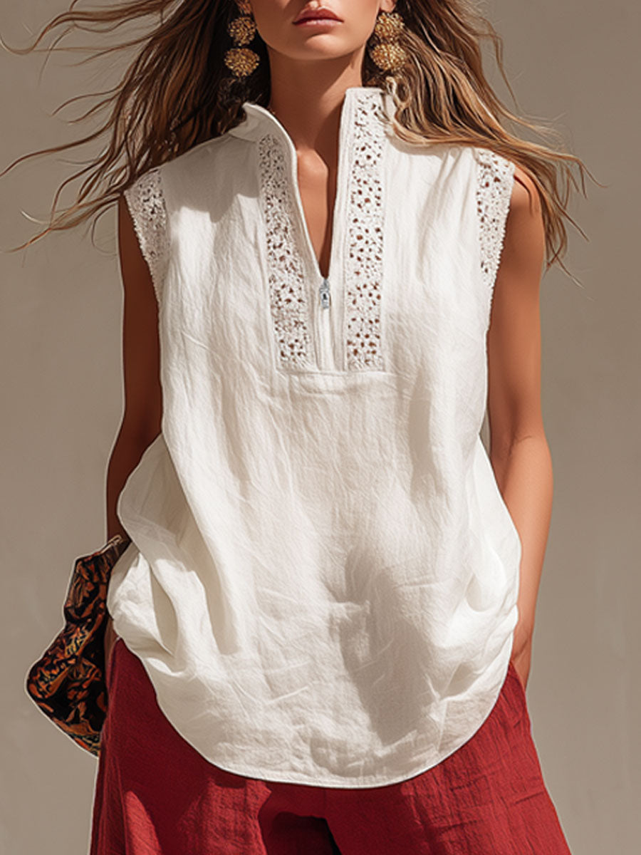 Vacation Retro Lace White Cotton Sleeveless Shirt And Red Pants Set
