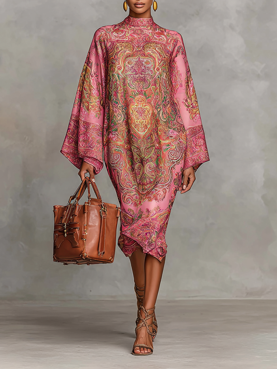 Women's Paisley Print Round Neck Trumpet Long Sleeve Loose Midi Dress MDA2149G5Y
