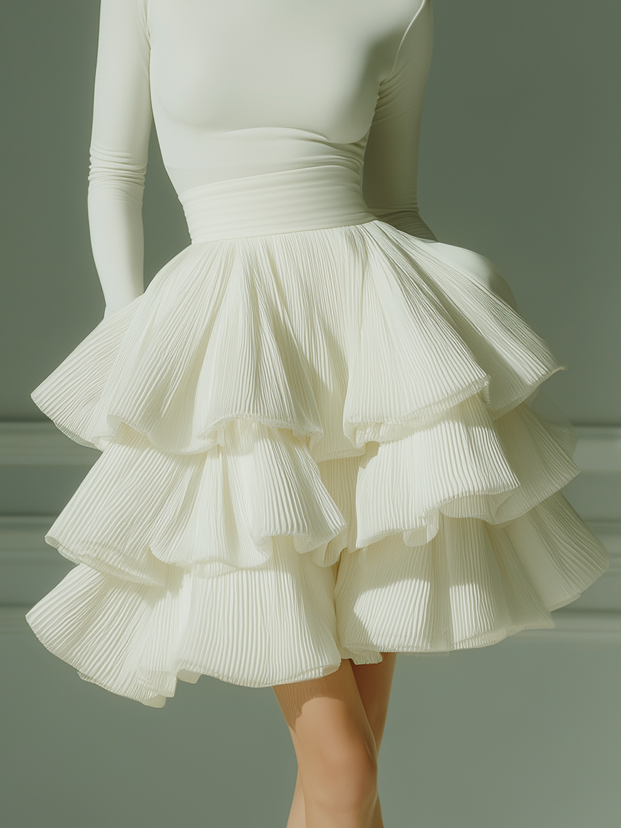 Women's White Stretch Knit Fabric Turtleneck Long-Sleeve Top & Chiffon Tiered Pleated Mini Skirt Set MDZ0642A7T