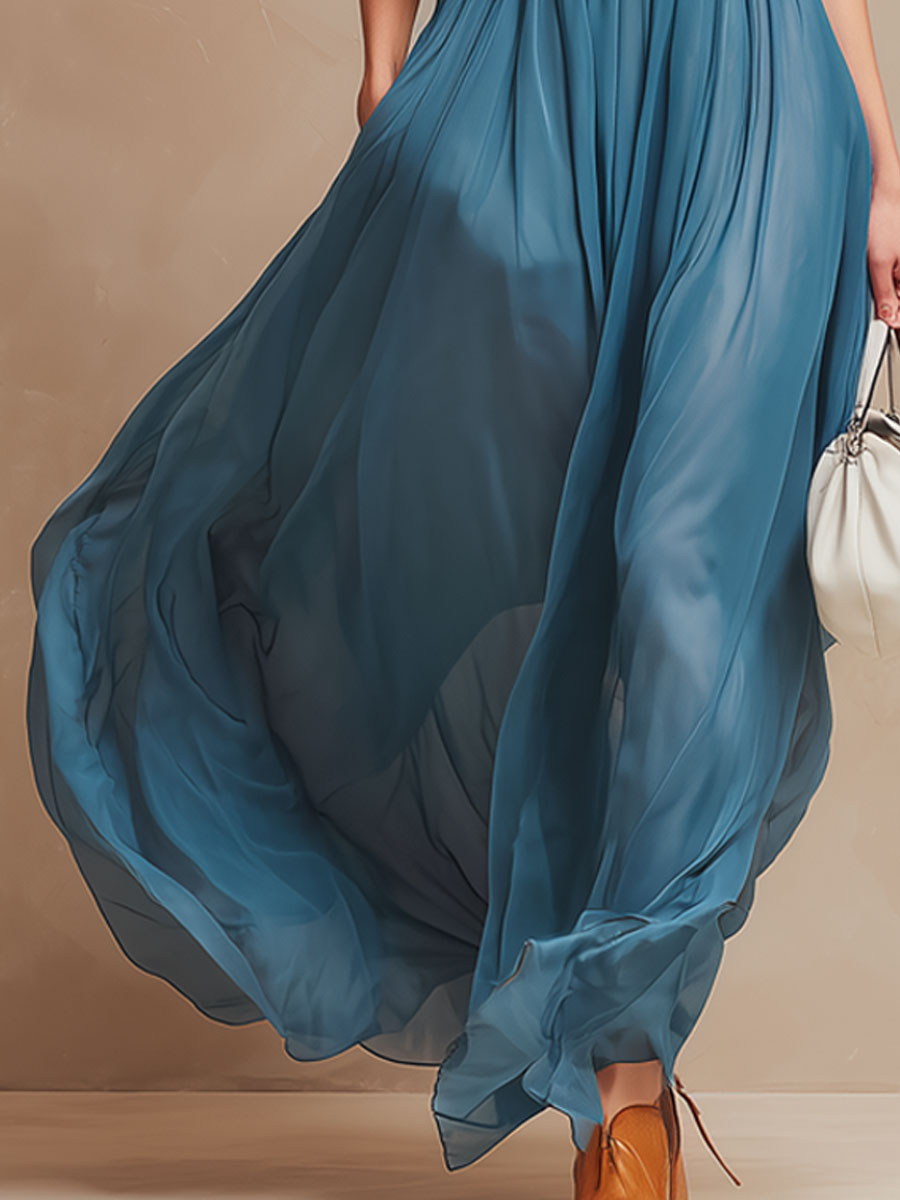 Stylish And Elegant Resort-style Lake Blue Chiffon Sleeveless Maxi Dress