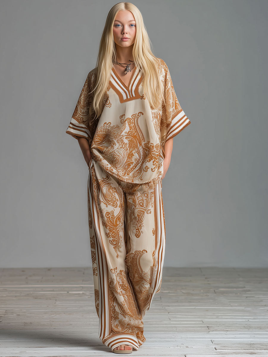Vintage Paisley Print V-neck Chiffon Short-sleeved Top And Pants Set
